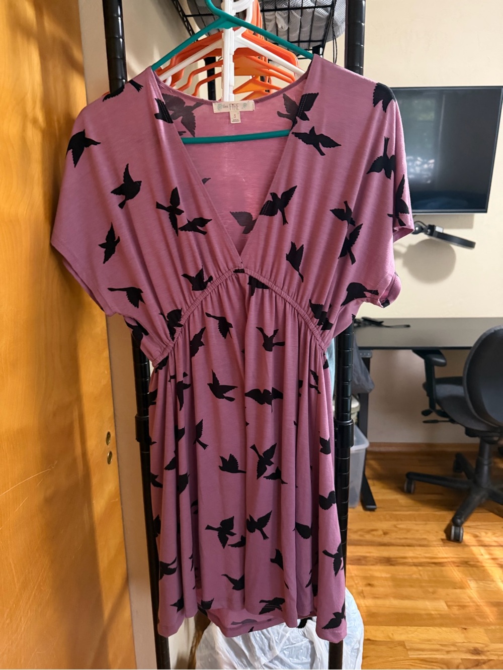 love, Fire pink Mini Dress with Black Bird Print